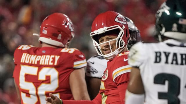 Nov 20, 2023; Kansas City, Missouri, USA; Kansas City Chiefs quarterback Patrick Mahomes (15) reacts toward an official against the Philadelphia Eagles during the first half at GEHA Field at Arrowhead Stadium. Mandatory Credit: Denny Medley-USA TODAY Sports  